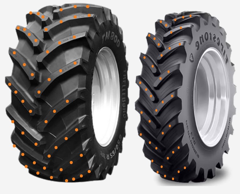 Two iGrip stud layout examples on angled agricultural tire lugs