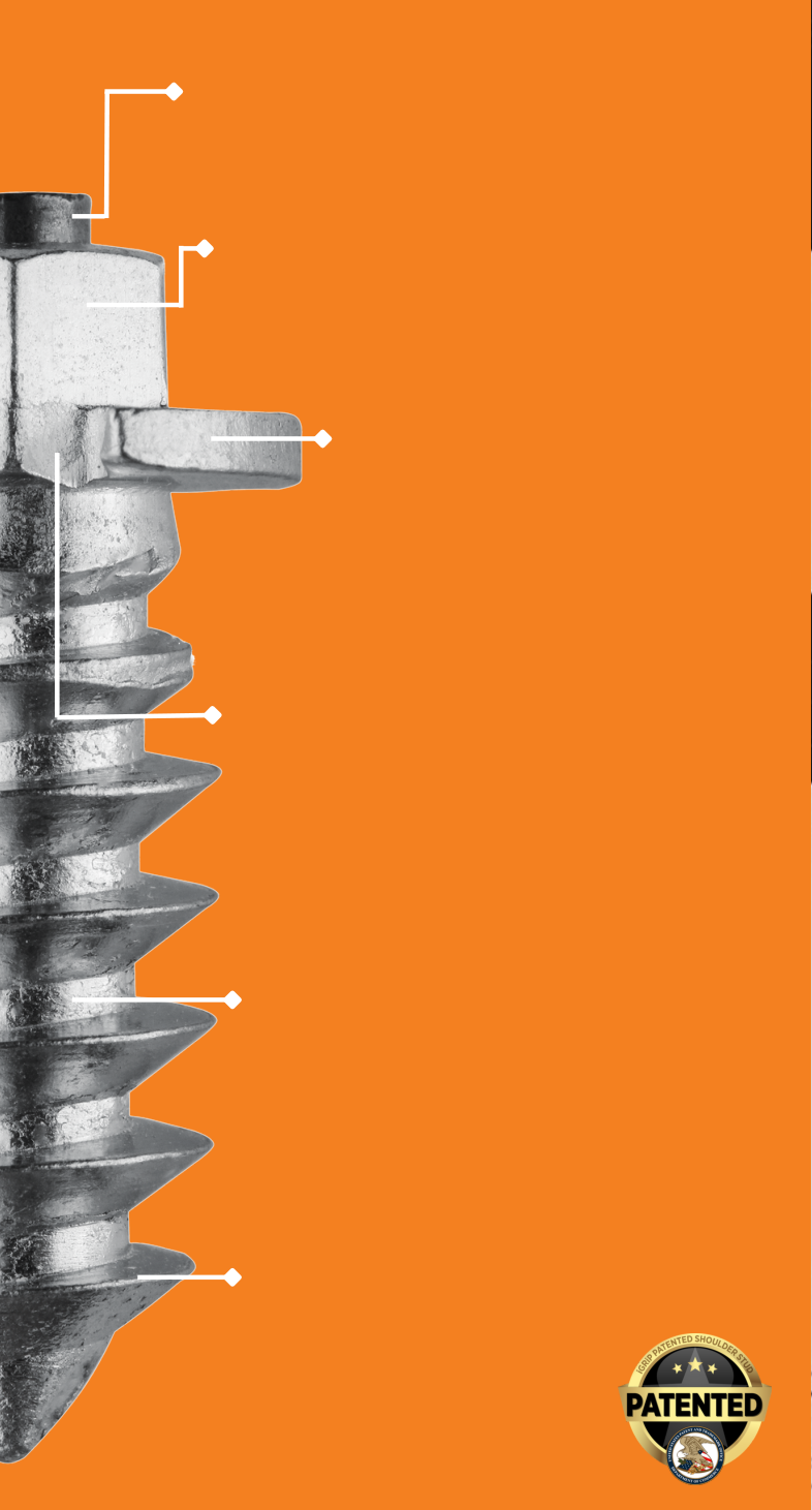 Close-up of an iGrip SS stud showing the carbide tip, hexagonal head, support shoulder, shoulder-ring recesses and coarse thread